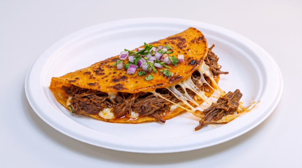 Quesabirria con carne, queso, cebolla y cilantro